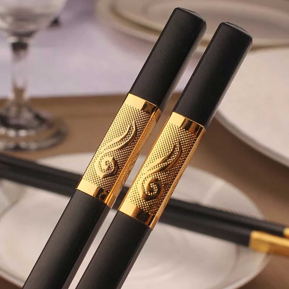 Black Silver and Black Gold 1 Pair Reusable Fiber chopsticks